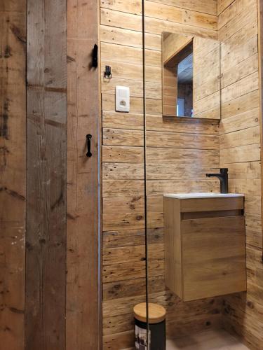 赫尔Rustig gelegen chalet Solvo met terras aan het water的浴室设有木墙、水槽和镜子