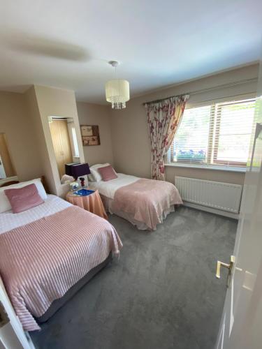 金塞尔Summer Cottage in Kinsale的一间卧室设有两张床和窗户。