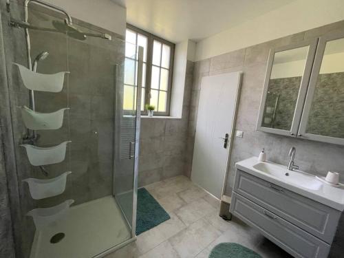 色当Maison indépendante La Quietas sur les hauteurs de SEDAN的带淋浴和盥洗盆的浴室