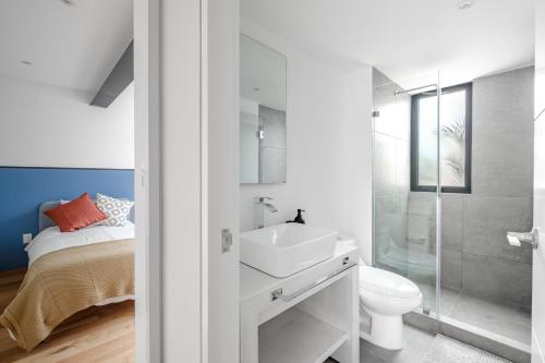 墨西哥城Baja California 279 Apartments的白色的浴室设有水槽和卫生间。