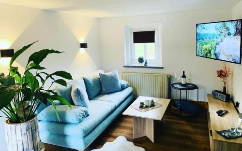 SaupsdorfNaturhof Kluge的客厅配有蓝色的沙发和桌子