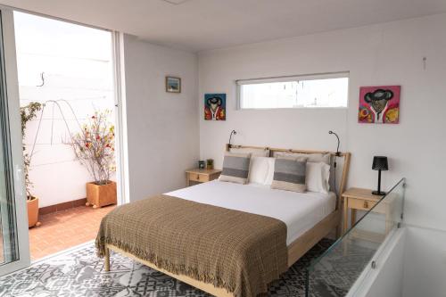 罗塔Rosario17 by 7Escalones的一间卧室设有一张床和两个窗户。