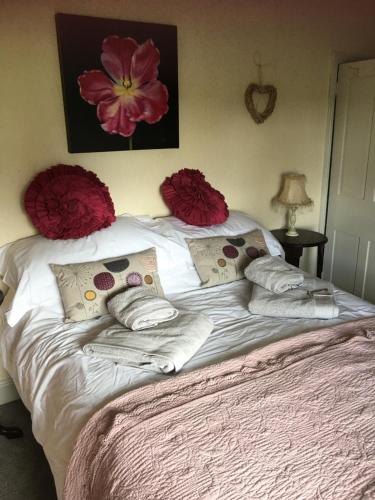 约克Oscar Park Farm的一张带红色枕头的床和毛巾