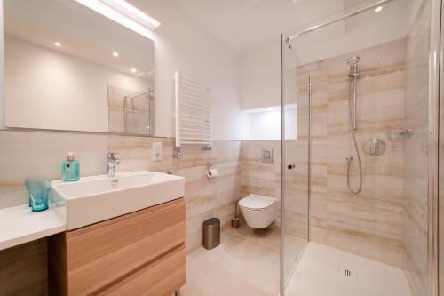亚斯塔尔尼亚Ogrodowa 45的带淋浴、盥洗盆和卫生间的浴室