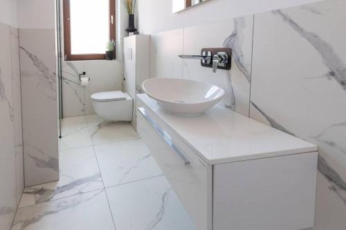 路德斯塔德·威特比Design & Chill #Altstadt #Beamer的白色的浴室设有水槽和卫生间。