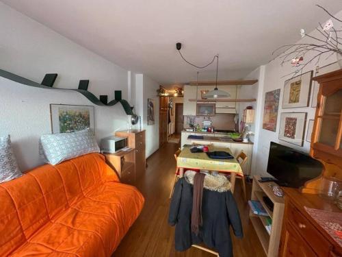 普拉托讷沃斯Monolocale Bellavista的一间带橙色沙发的客厅和一间厨房