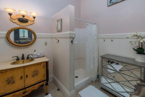 尤里卡Pinc Lady Mansion的浴室配有盥洗盆和带镜子的淋浴