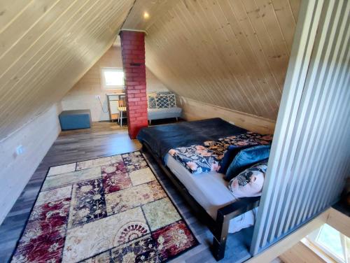 LieplaukėCharming Sauna Cottage in a Horse Ranch的木制阁楼卧室配有一张床