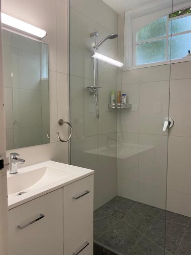 CarnegieSanta Monica Apartment的一间带水槽和玻璃淋浴的浴室