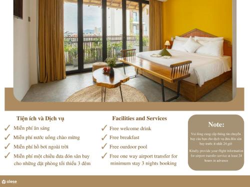 岘港TA Danang Boutique Hotel的酒店客房,配有一张床铺和一张桌子,还有一间客房