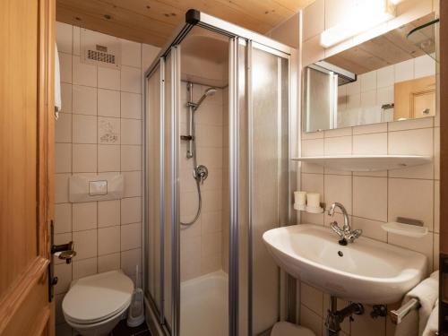 菲伯布伦Bauernhof Niederfilzboden的一间带水槽、淋浴和卫生间的浴室