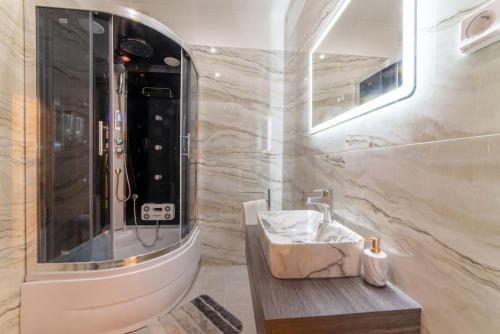 雅典LUXURY AND COMFORTABLE VILLA的一间带水槽和淋浴的浴室