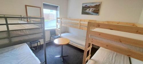 雷克雅未克Holiday Hostel的客房设有四张双层床和一张桌子。