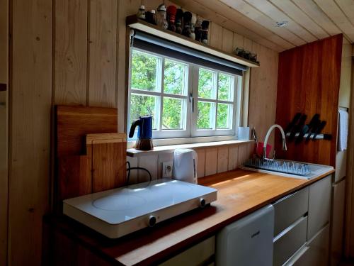 班斯卡 - 什佳夫尼察Maringotka KLINGER的厨房配有白色水槽和窗户