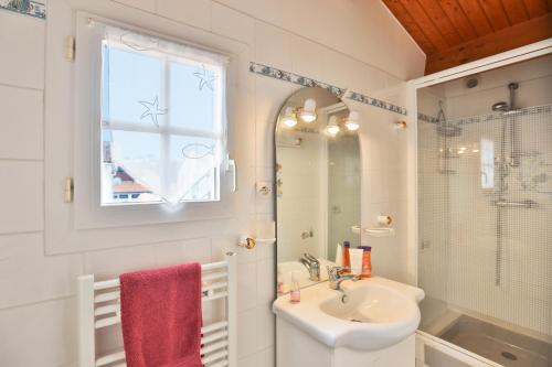 滨海隆热维勒Camping Le Petit Rocher的白色的浴室设有水槽和镜子