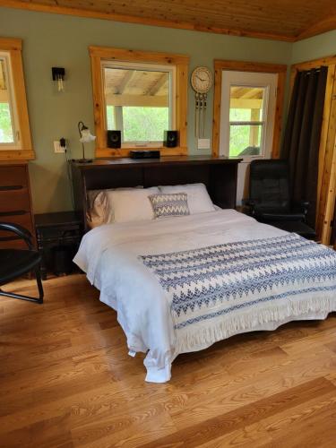 ClintonSerene Westside Tiny Cabin的一张大床,位于带两个窗户的房间