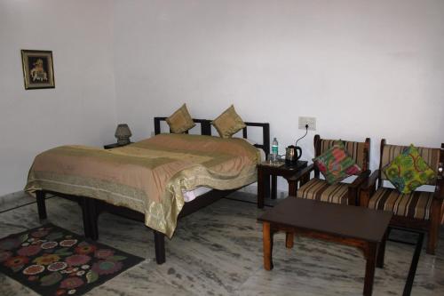 珀勒德布尔Royal Farm Bharatpur的一间卧室配有一张床、两把椅子和一张桌子
