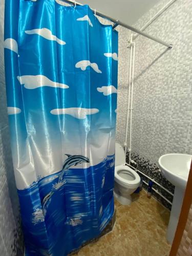乌斯季卡缅诺戈尔斯克Мини-студия напротив парка Металлургов的浴室设有淋浴帘,上面有鱼