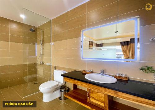 Tri TônRồng Vàng Resort的一间带水槽、卫生间和镜子的浴室