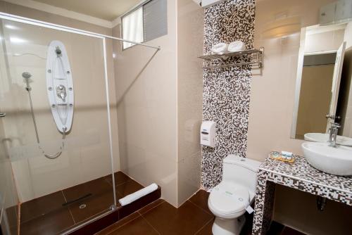 皮乌拉Suche Park Hotel的浴室配有卫生间、盥洗盆和淋浴。
