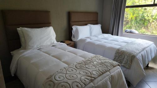危地马拉L´Aurora Inn hostal的配有窗户的酒店客房内的两张床
