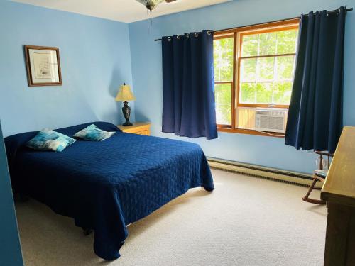 Ellison BayParkside Inn的蓝色的卧室设有床和窗户