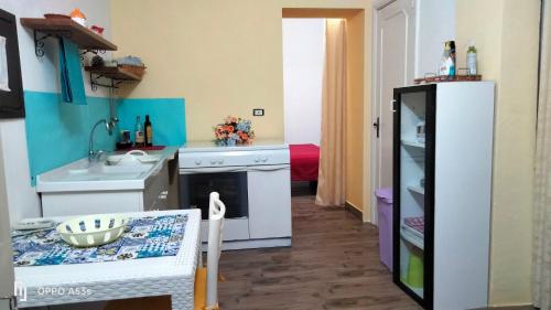 拉卡莱Salento nel cuore的厨房配有水槽、冰箱和桌子