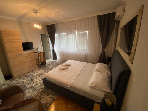 普里什蒂纳Apartment Perla的一间小卧室,配有一张床和电视