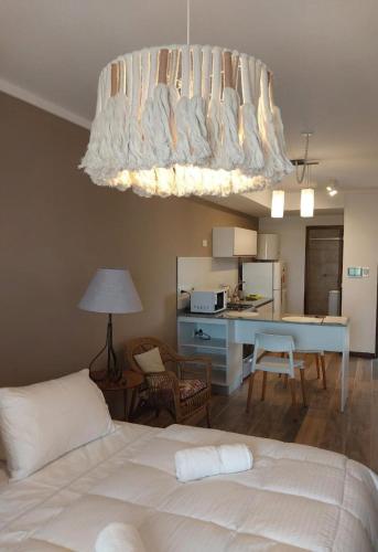 巴拉那MONOAMBIENTE - Parana TU CASA的一间卧室配有一张床、一张书桌和一个吊灯。