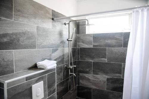 威廉斯塔德Casa Grosso的浴室设有黑色瓷砖淋浴。