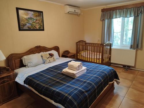 茨卡尔图博Country House Uliana的一间卧室配有一张婴儿床,床上配有两条毛巾