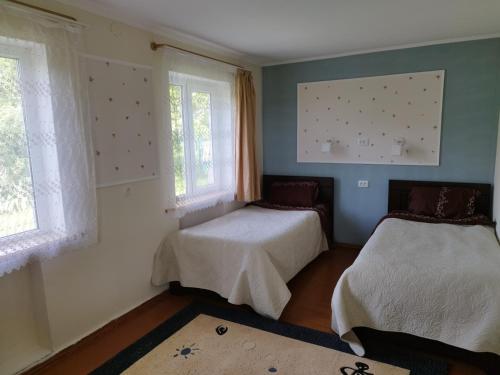 茨卡尔图博Country House Uliana的带两张床和两个窗户的房间