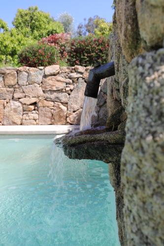 皮亚诺托利-卡尔达雷洛Hôtel confidentiel Le Grecale的游泳池旁石墙的喷泉