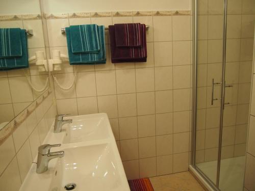 拉姆绍达赫斯坦Appartements Wiesbach的浴室配有水槽、淋浴和毛巾