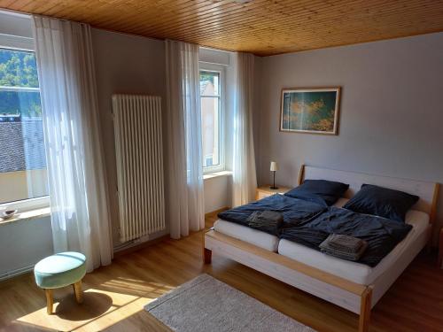 特拉本特拉巴赫Ferien im Winzerhaus的一间卧室设有一张床和两个窗户。