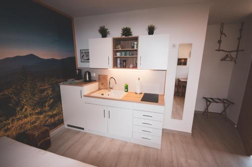 克拉根福西北一室公寓的厨房配有白色橱柜和水槽