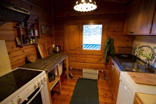 吕勒奥Log Cabin, forrest , sea view, north Sweden.的小屋内的厨房配有炉灶和水槽