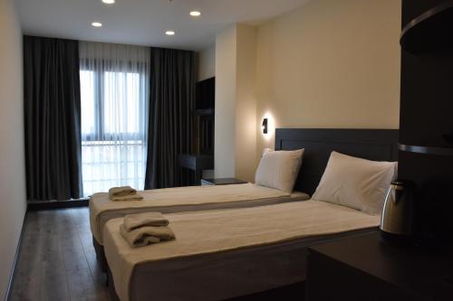 伊斯坦布尔Shishly Palace Hotel的酒店客房设有两张床和窗户。