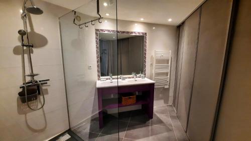 CrosGîte avec piscine et jacuzzi partagés en Cévennes的一间带水槽和镜子的浴室
