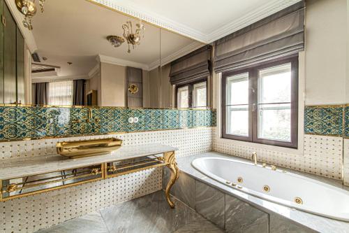 伊斯坦布尔Magnificent Historic Mansion in Beylerbeyi的带浴缸和窗户的浴室