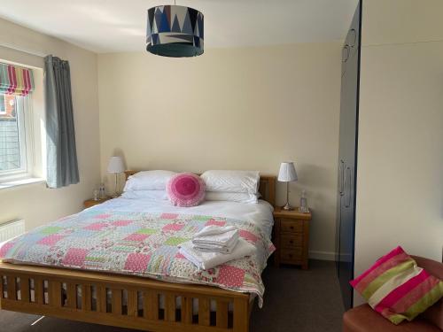 惠灵顿Wellington view One en suite shower and super king bed的一间卧室配有一张带粉色毯子和镜子的床