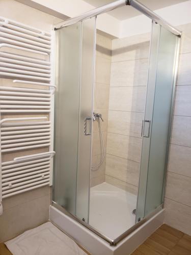 萨尔瓦尔Berkenye Pihenőház的浴室里设有玻璃门淋浴