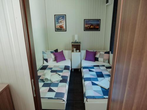 斯维蒂尤拉伊Mobile home Aurora的配有紫色和蓝色枕头的客房内的两张床