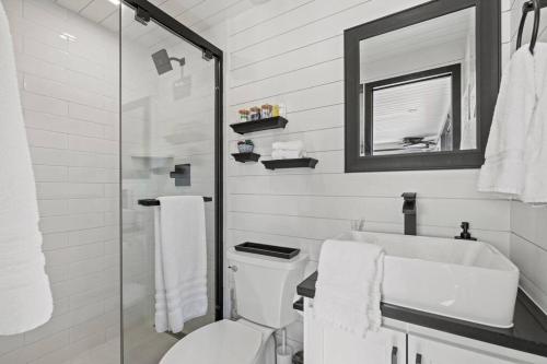 弗雷德里克斯堡New Wilderness Hideout-Cozy Container Home的一间带卫生间、水槽和镜子的浴室