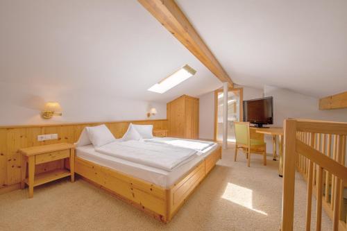 拉布拉梅林斯泰恩加尼酒店的一间卧室配有一张床、一张书桌和一台电视