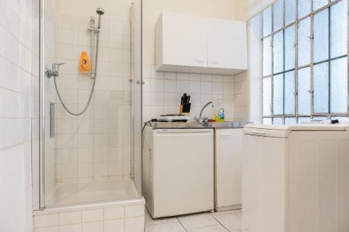 维也纳Convenient 1BR Apartment in the Heart of Vienna的带淋浴和洗衣机的白色浴室