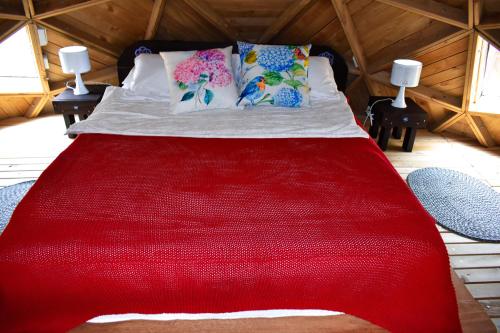 瓜塔佩Unique Glamping / Domo Betsaida的红色毯子的房间的一张床位