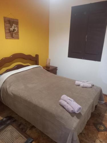 圣本图-杜萨普卡伊Mini Casarão的一间卧室配有一张床,上面有两条毛巾