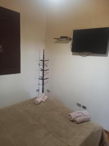 圣本图-杜萨普卡伊Mini Casarão的一间卧室配有一张床,墙上配有电视