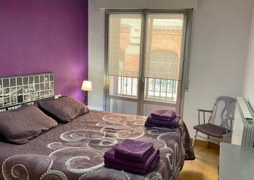 潘普洛纳贝利亚公寓的一间卧室配有一张紫色墙壁和窗户的床